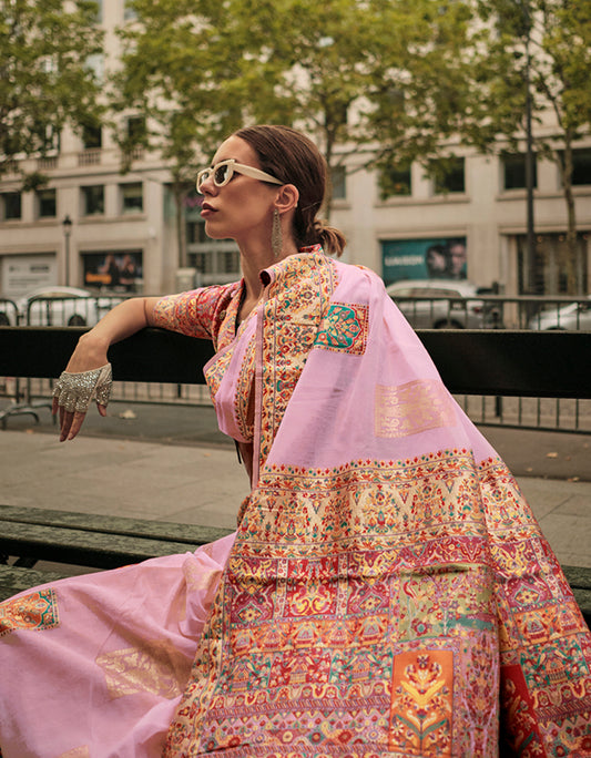 Pink Woven Kashmiri Silk Zari Saree for Festival