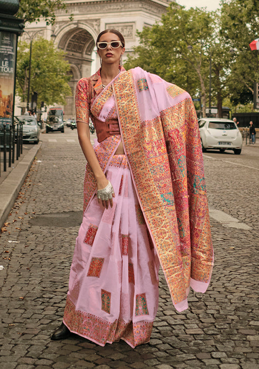 Pink Woven Kashmiri Silk Zari Saree for Festival