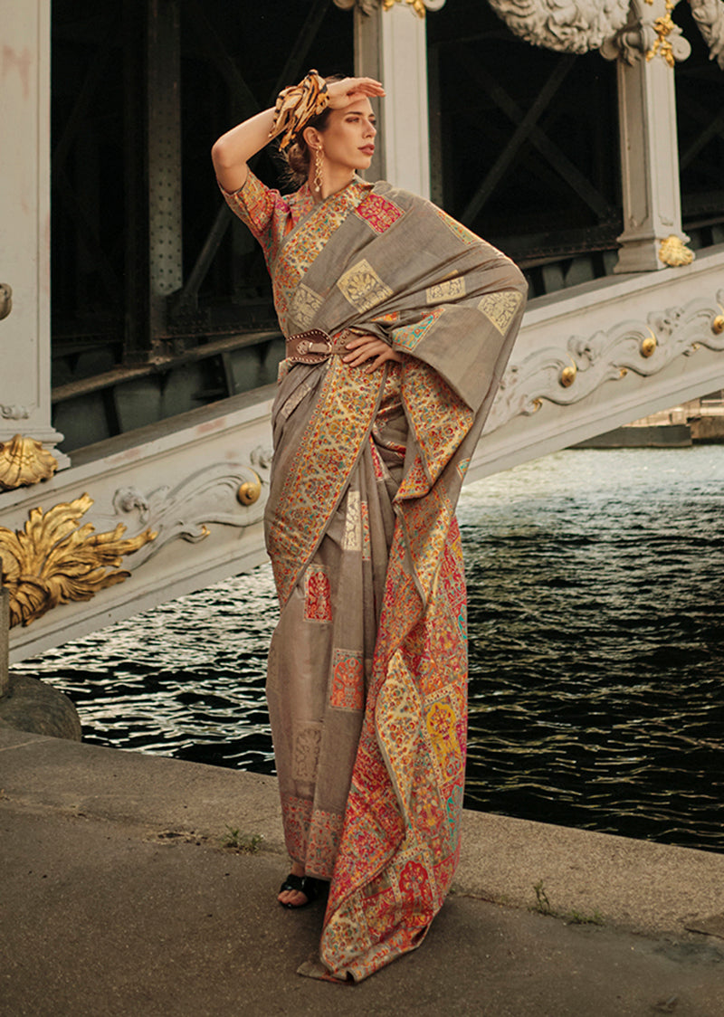 Light Brown Woven Kashmiri Silk Zari Saree for Festival