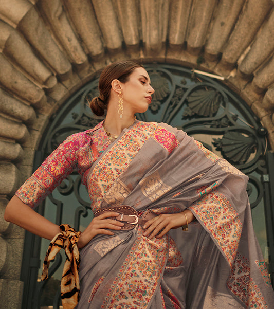 Light Brown Woven Kashmiri Silk Zari Saree for Festival