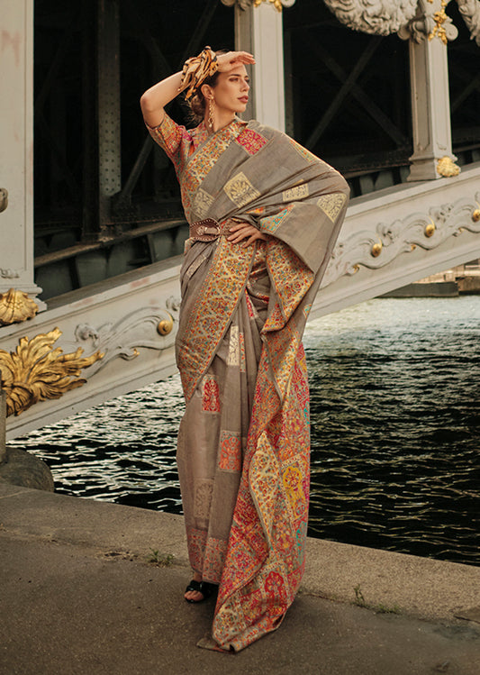 Light Brown Woven Kashmiri Silk Zari Saree for Festival