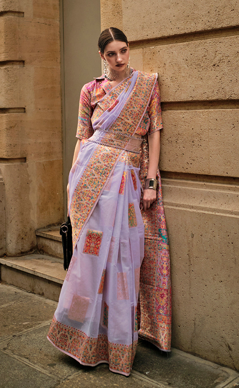 Light Lavender Woven Kashmiri Silk Zari Saree for Festival