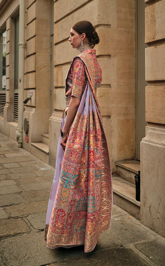 Light Lavender Woven Kashmiri Silk Zari Saree for Festival
