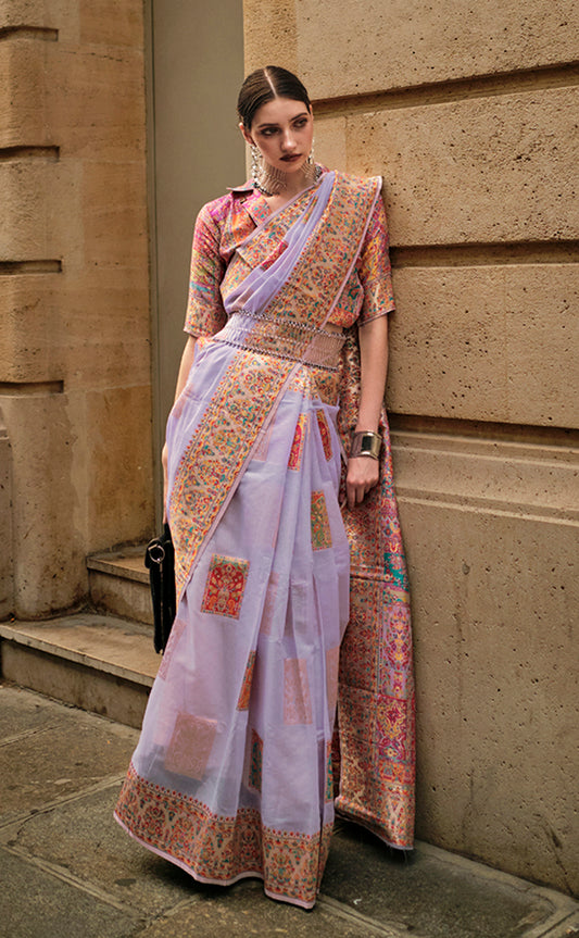 Light Lavender Woven Kashmiri Silk Zari Saree for Festival