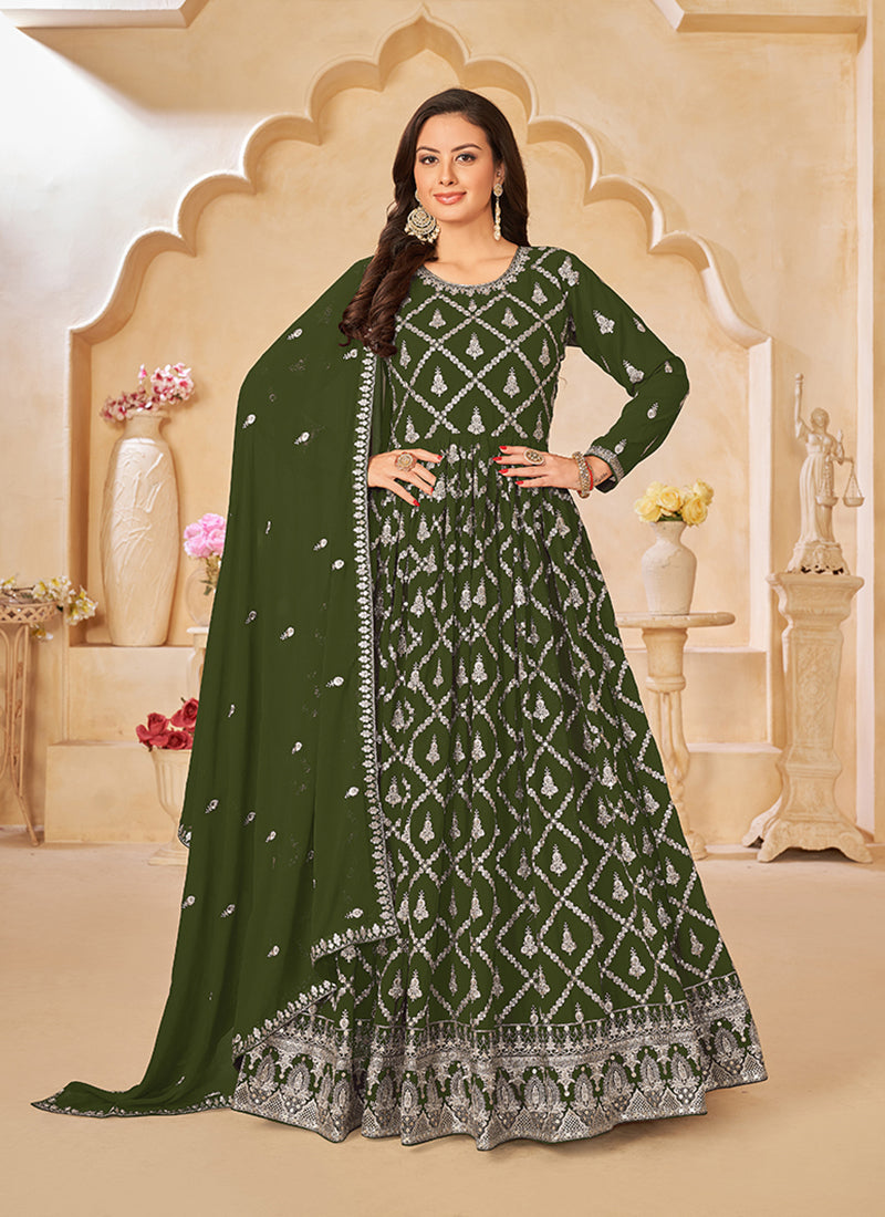 Olive Green Georgette Embroidered Party Wear Salwar Suit