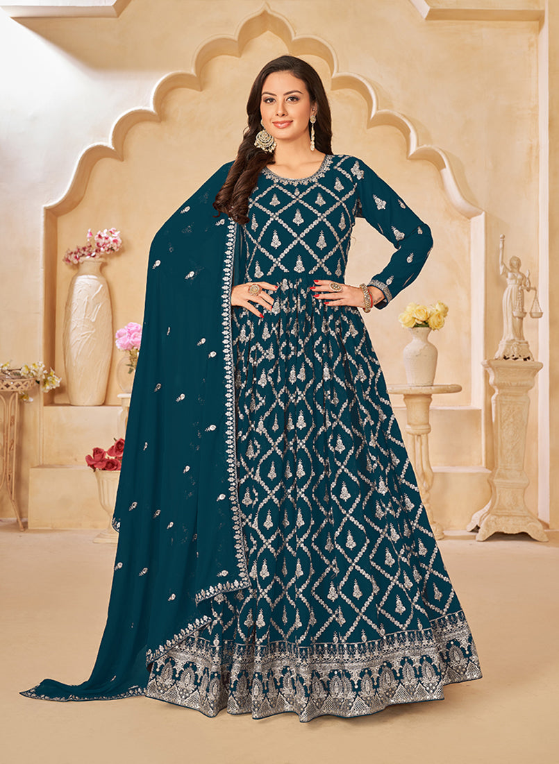 Dark Teal Georgette Embroidered Party Wear Salwar Suit