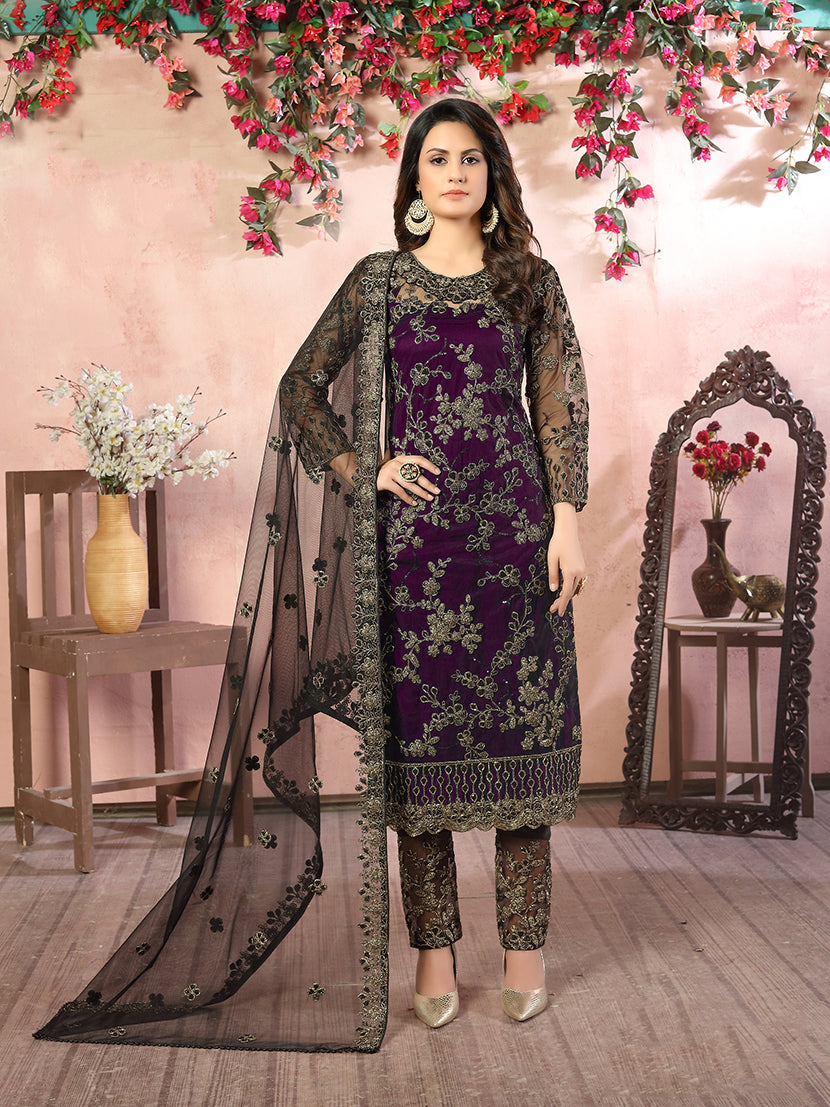 Purple Net Embroidered Festival Salwar Kameez