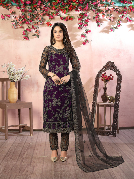 Purple Net Embroidered Festival Salwar Kameez - Monjolika Fashion