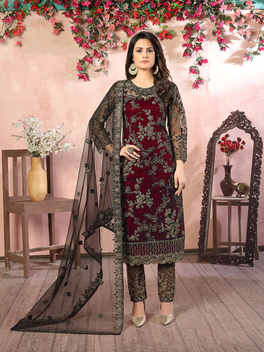 Maroon Net Embroidered Festival Salwar Kameez