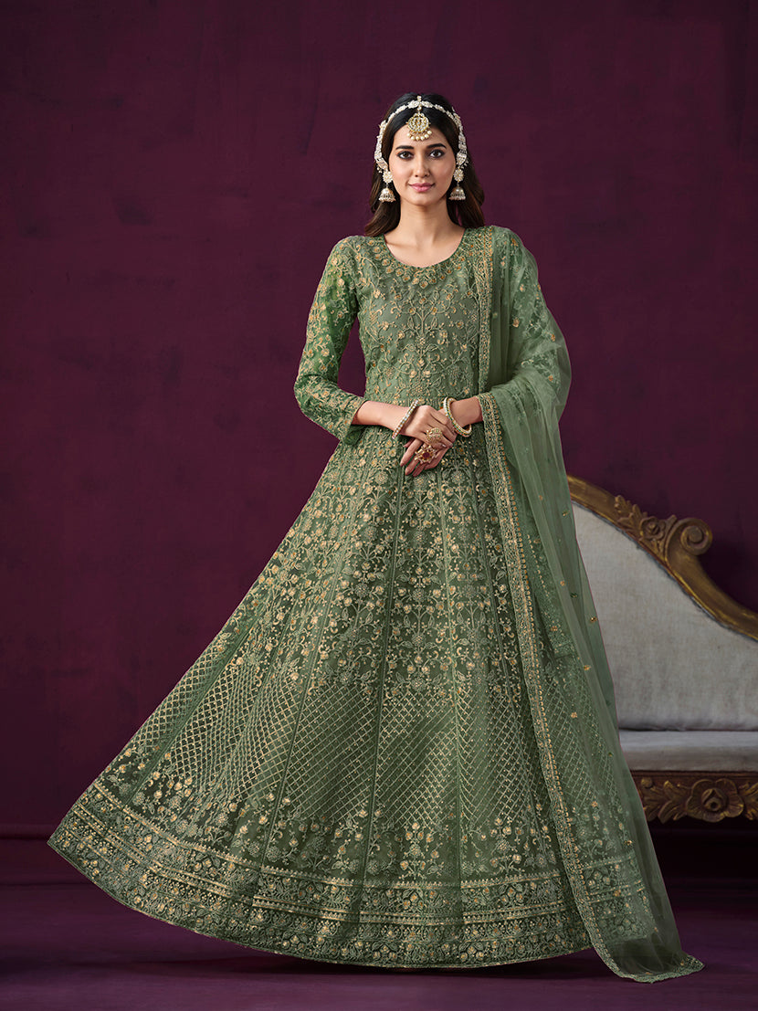 Olive Net Embroidered Designer Salwar Suit