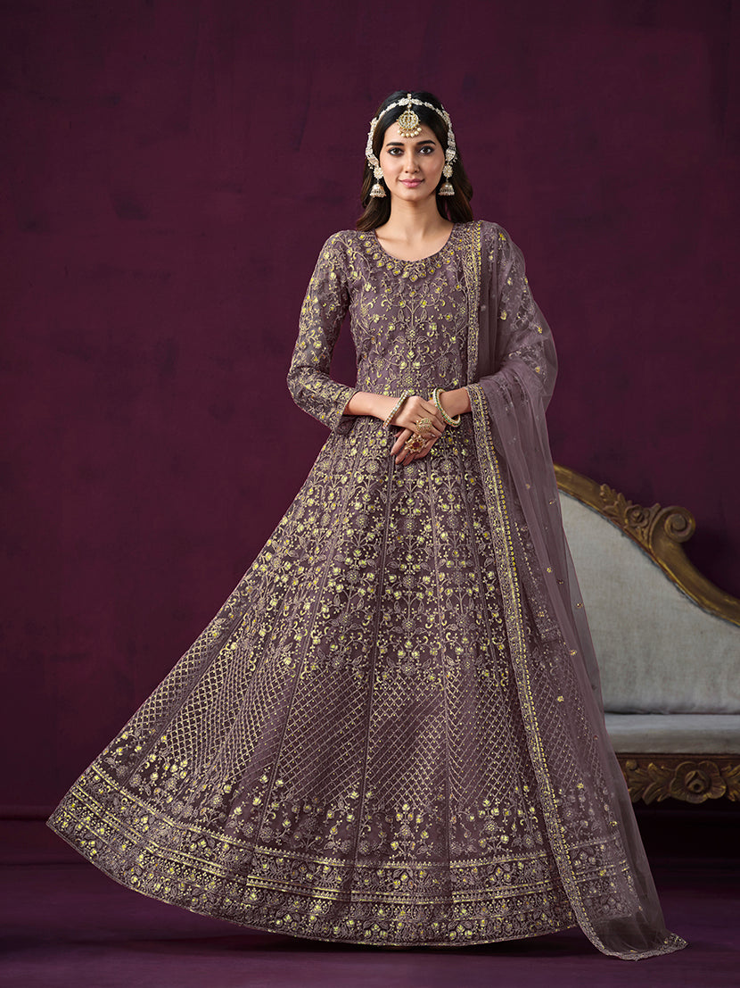 Dark Violet Net Embroidered Designer Salwar Suit