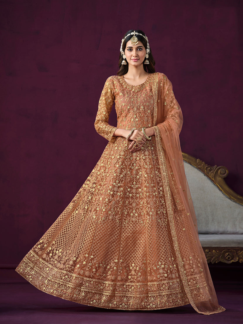 Dark Salmon Net Embroidered Designer Salwar Suit