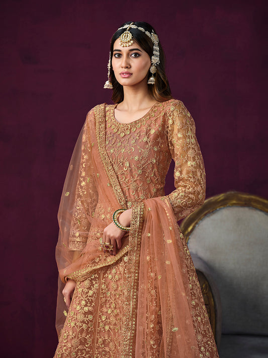 Dark Salmon Net Embroidered Designer Salwar Suit - Monjolika Fashion