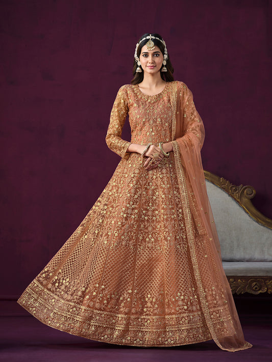 Dark Salmon Net Embroidered Designer Salwar Suit - Monjolika Fashion