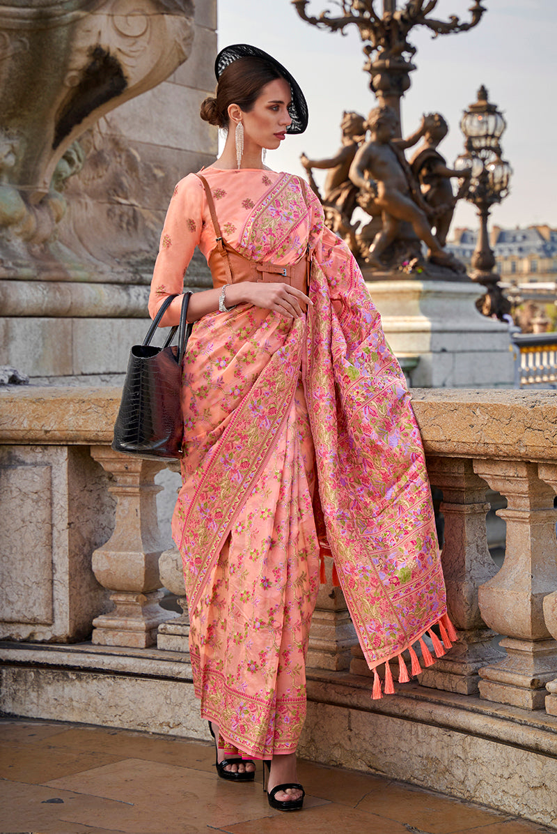 Peach Embellished Organza Woven Contemporary Saree