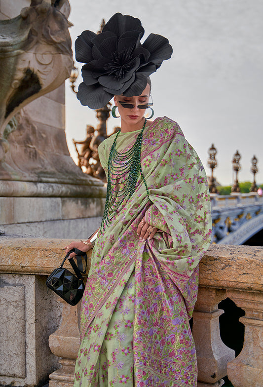 Light Green Embellished Organza Woven Contemporary Saree