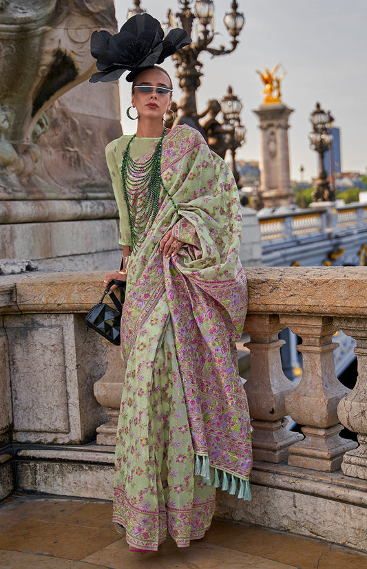Light Green Embellished Organza Woven Contemporary Saree