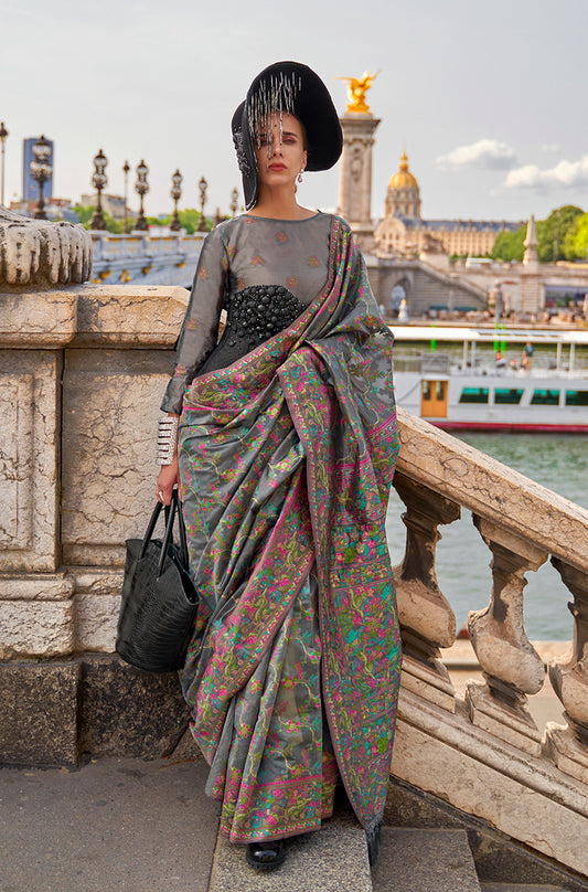 Gray Embellished Organza Woven Contemporary Saree