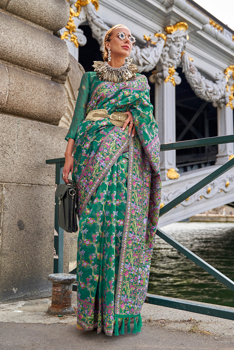 Teal Embellished Organza Woven Contemporary Saree