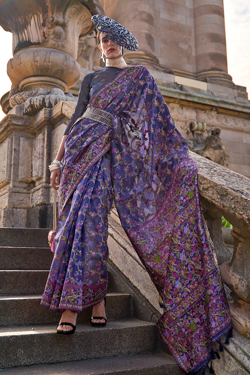 Purple Embellished Organza Woven Contemporary Saree
