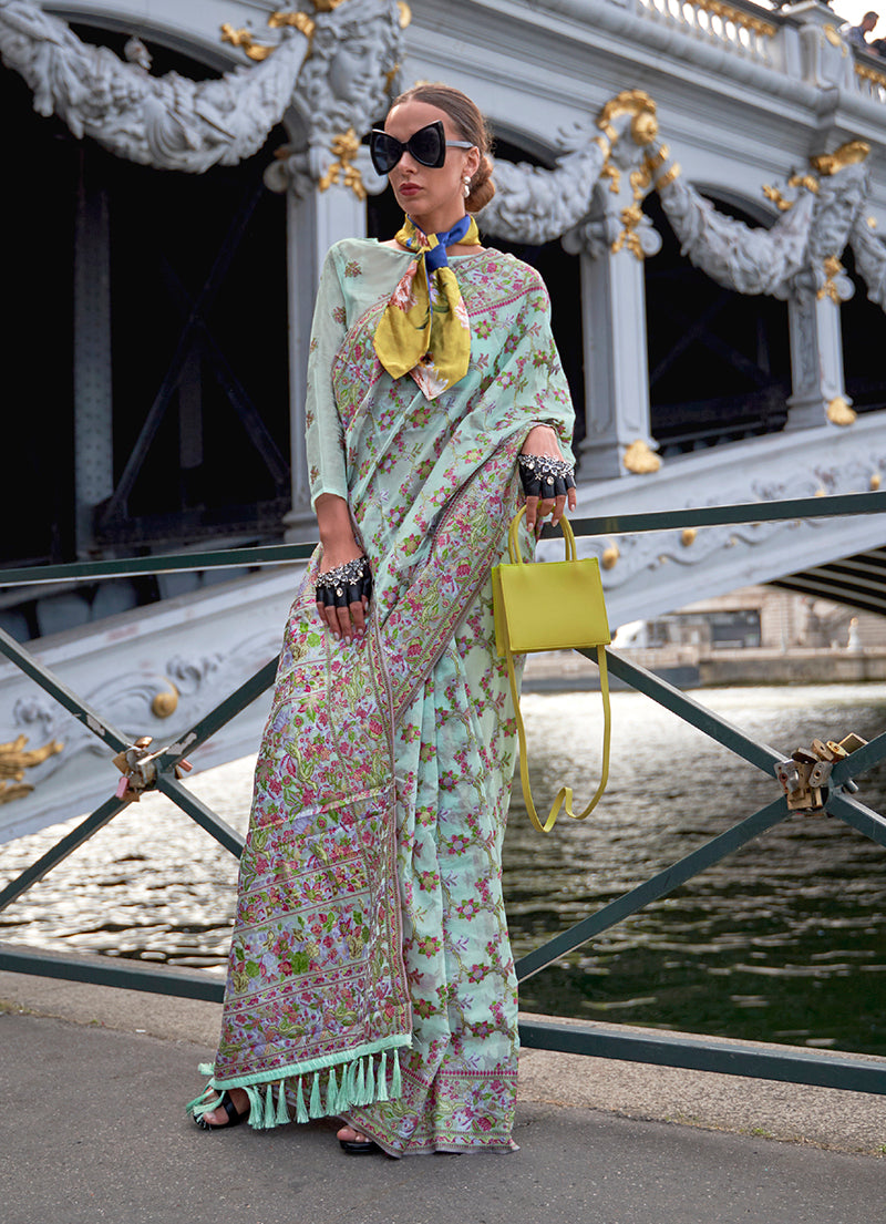 Pastel Blue Embellished Organza Woven Contemporary Saree