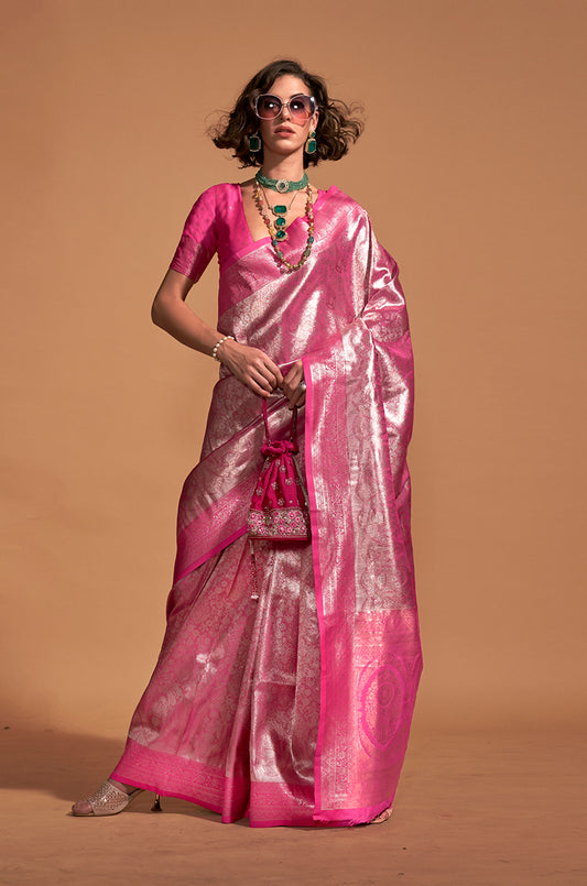 Pink Rich Kanjivaram Silk Zari Woven Traditional Saree