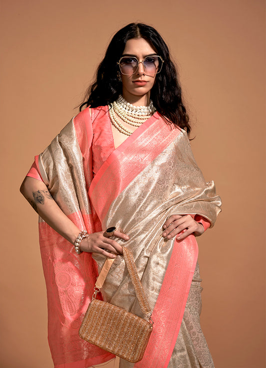 Off-White Rich Kanjivaram Silk Zari Woven Traditional Saree