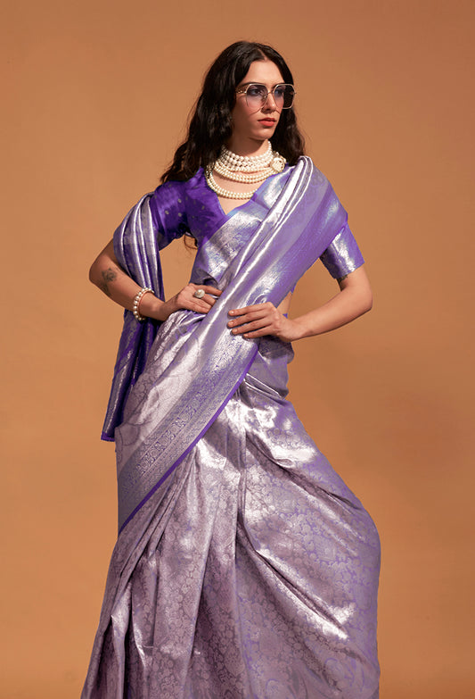 Violet Rich Kanjivaram Silk Zari Woven Traditional Saree