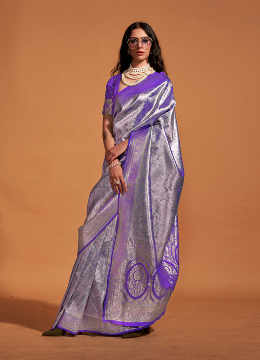 Violet Rich Kanjivaram Silk Zari Woven Traditional Saree