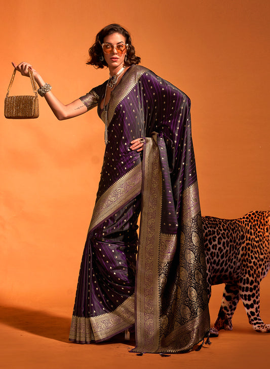 Dark Purple Rich Banarasi Satin Silk Zari Woven Festival Saree