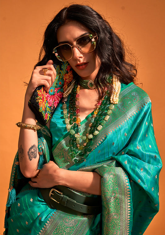 Teal Blue Rich Banarasi Satin Silk Zari Woven Festival Saree