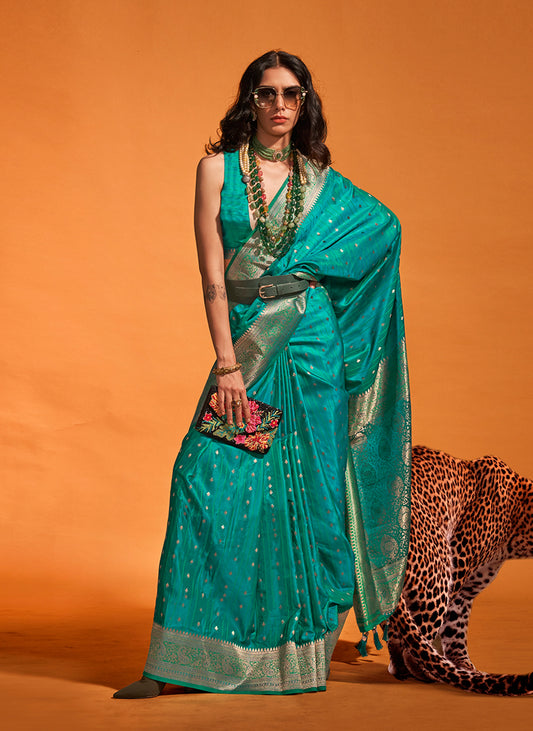 Teal Blue Rich Banarasi Satin Silk Zari Woven Festival Saree
