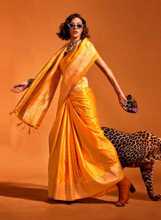 Mustard Rich Banarasi Satin Silk Zari Woven Festival Saree