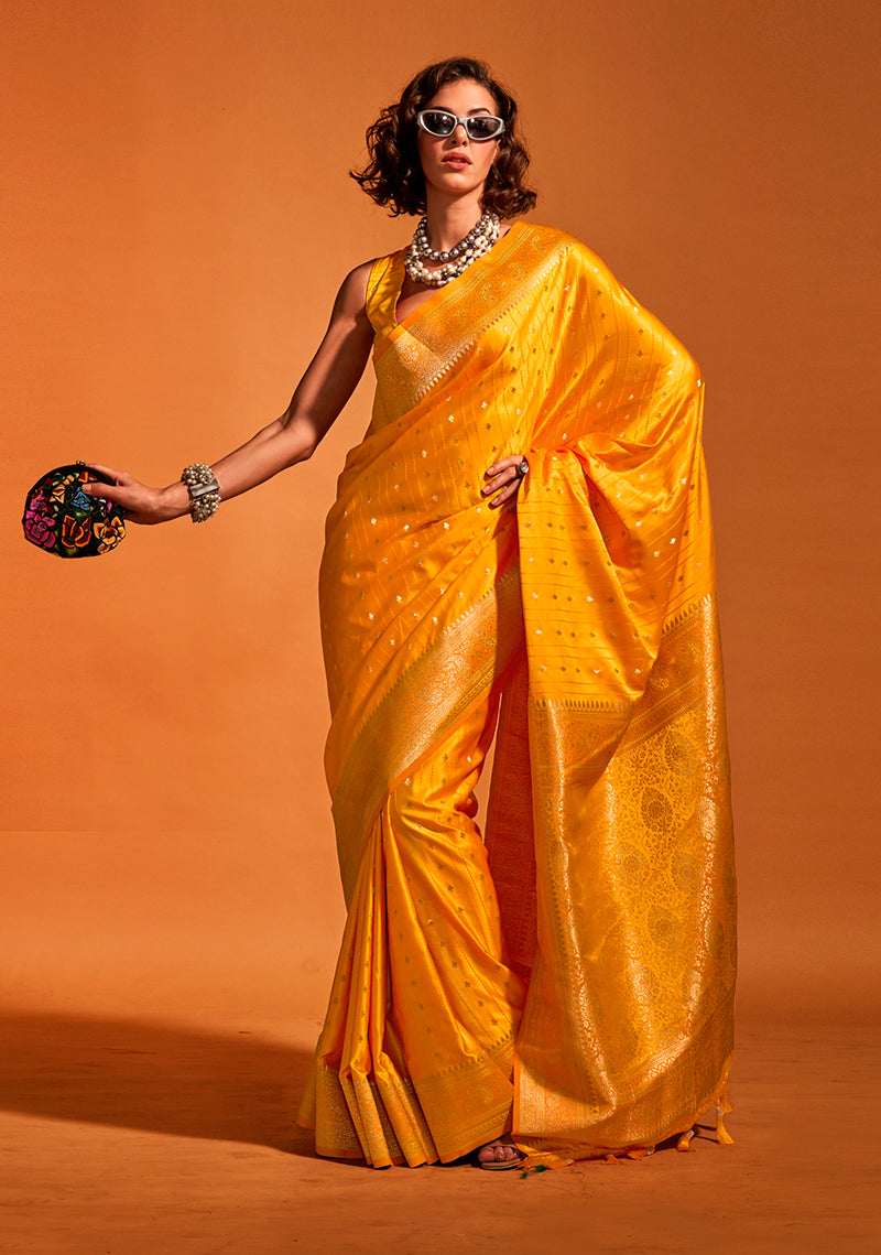 Mustard Rich Banarasi Satin Silk Zari Woven Festival Saree