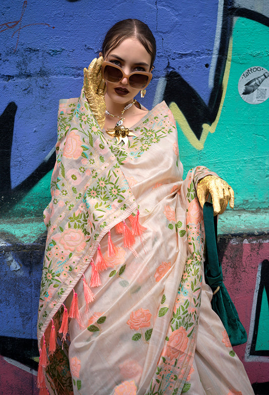 Cream Handloom Silk Weaving Ethnic Saree