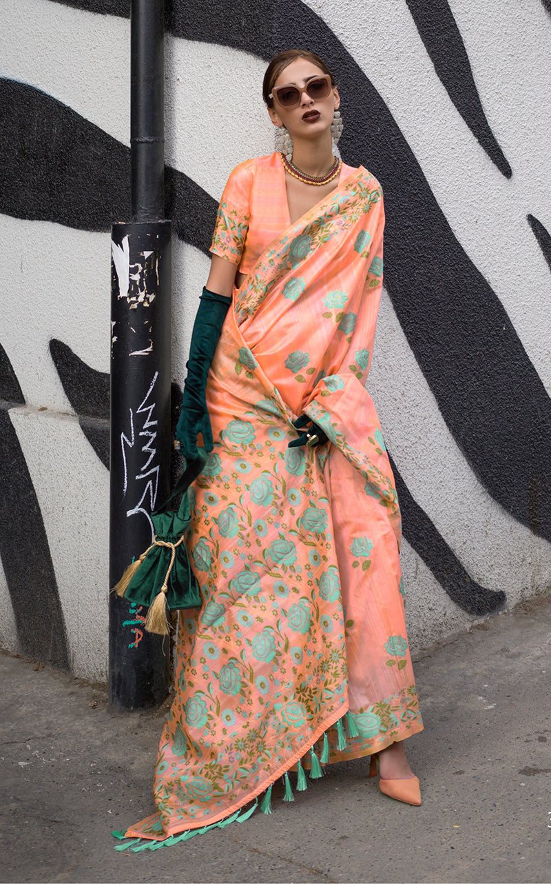 Peach Handloom Silk Weaving Ethnic Saree
