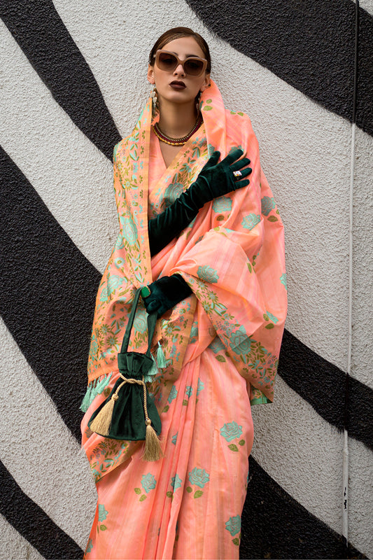 Peach Handloom Silk Weaving Ethnic Saree