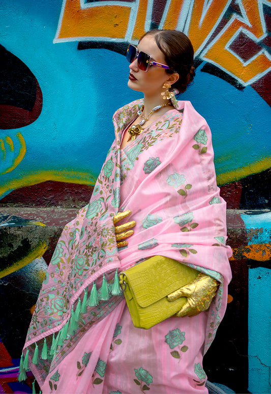 Pink Handloom Silk Weaving Ethnic Saree