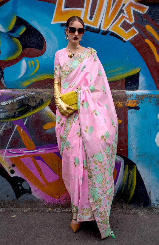 Pink Handloom Silk Weaving Ethnic Saree