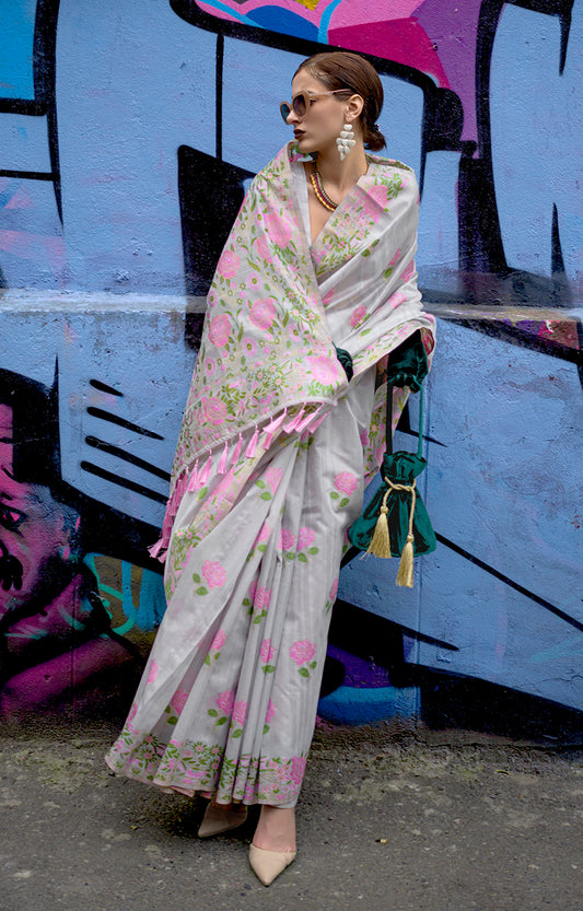 Gray Handloom Silk Weaving Ethnic Saree