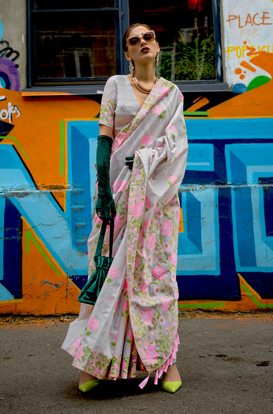 Gray Handloom Silk Weaving Ethnic Saree