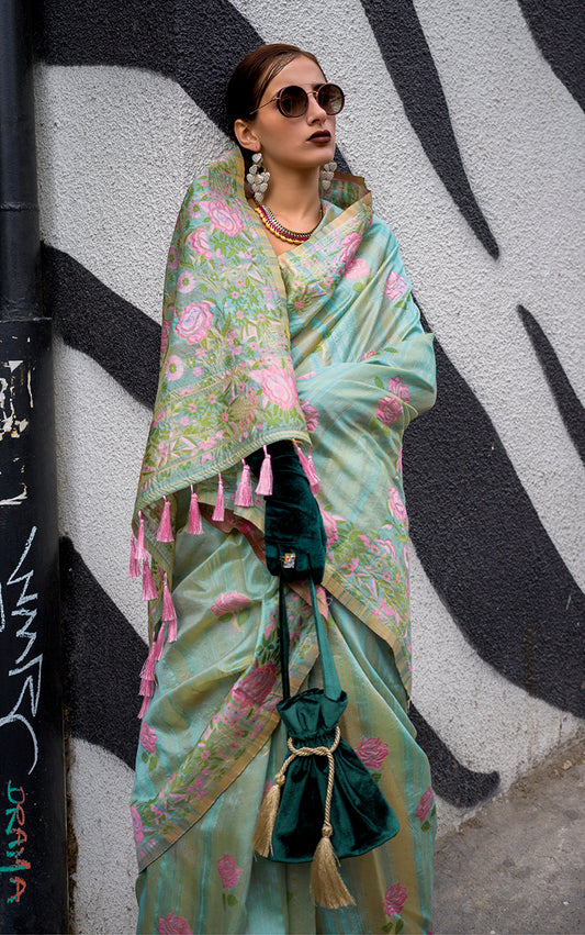 Sea Green Handloom Silk Weaving Ethnic Saree