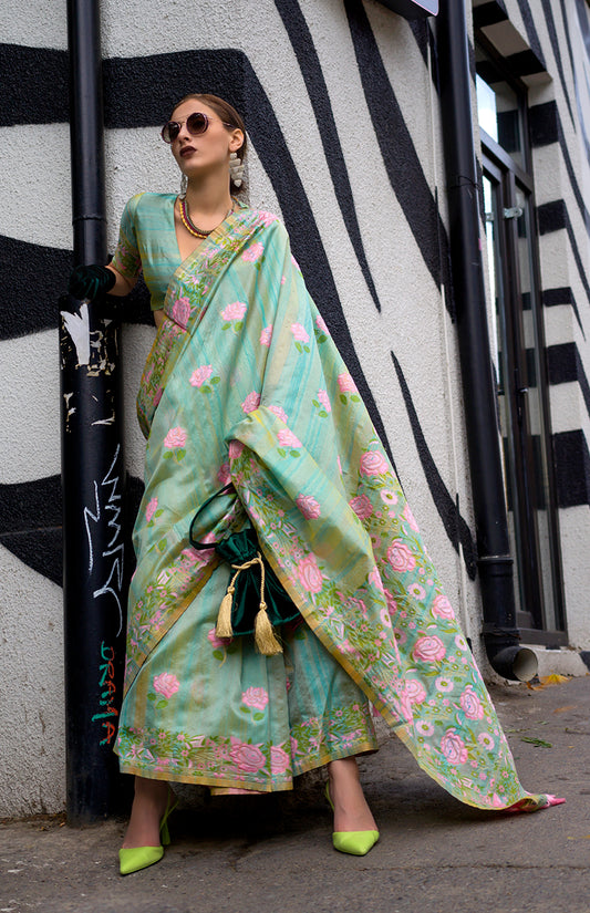 Sea Green Handloom Silk Weaving Ethnic Saree