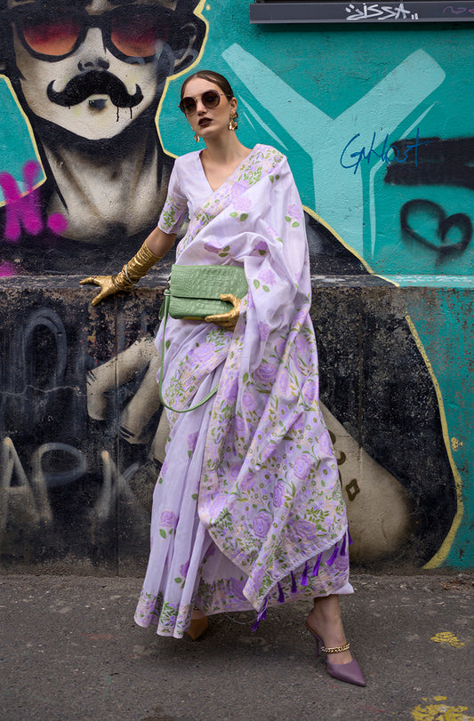 Lavender Handloom Silk Weaving Ethnic Saree