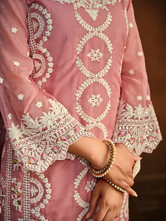 Light Pink Soft Organza Embroidered Ceremonial Salwar Suit - Monjolika Fashion
