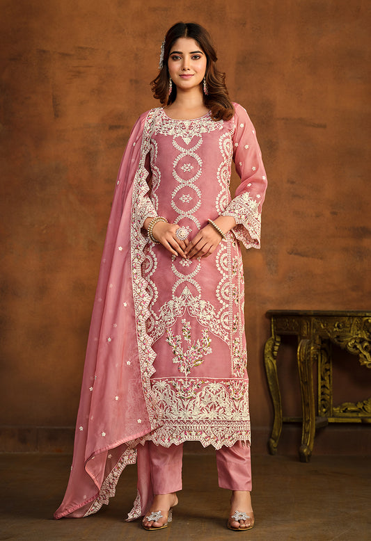 Light Pink Soft Organza Embroidered Ceremonial Salwar Suit - Monjolika Fashion