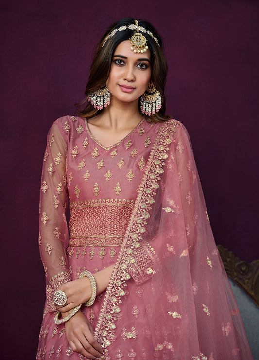 Light Pink Net With Embroidered Sequins Work Anarkali Suit