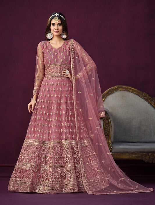 Light Pink Net With Embroidered Sequins Work Anarkali Suit