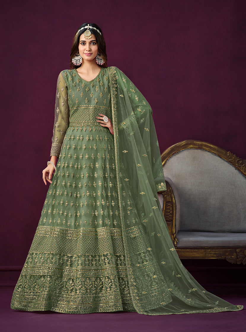 Light Green Net With Embroidered Sequins Work Anarkali Suit