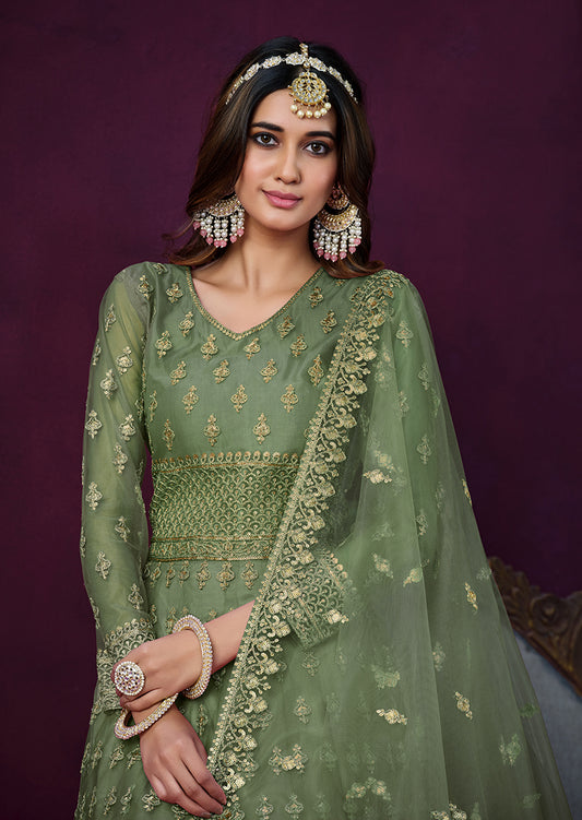 Light Green Net With Embroidered Sequins Work Anarkali Suit